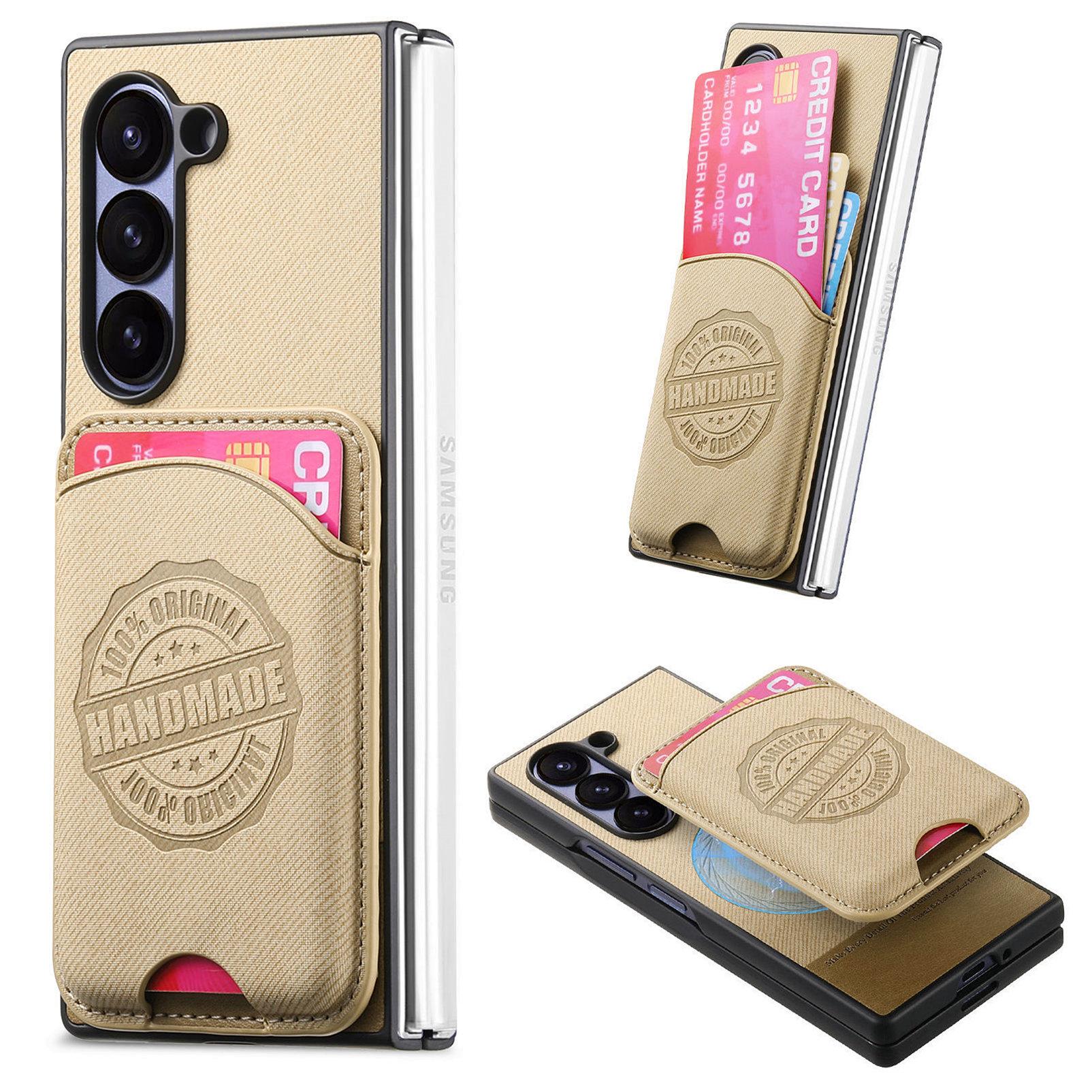 

For Samsung Galaxy Z Fold6 5G Case Compatible with MagSafe Denim Texture Leather Back Cover with Card Bag Khaki