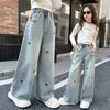 4-14 Years Spring Autumn Teenage Girls Jeans Full Print Bow Embroidery Fashion Wide-leg Denim Pants for Kids