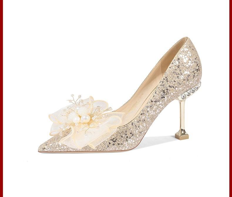 

Сексуальные туфли на высоком каблуке женские тонкие каблуки весна и осень новый темперамент светская львица бант острый носок туфли-лодочки женские цветочные свадебные туфли 40