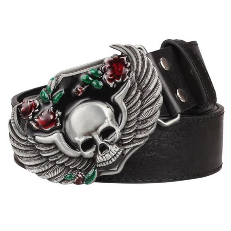 Rose Skull Wings Metal Buckle Cool Leather Belt Skeleton Head Heavy Metal Rock Style Street Decorative Waistband