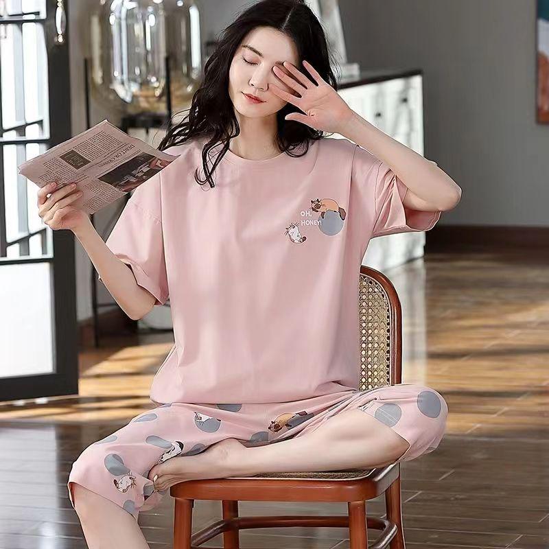 Korean Style Women's Summer Pajama Set – Imitation Cotton, Short Sleeve, Capri Pants, Thin, Cute, Plus Size