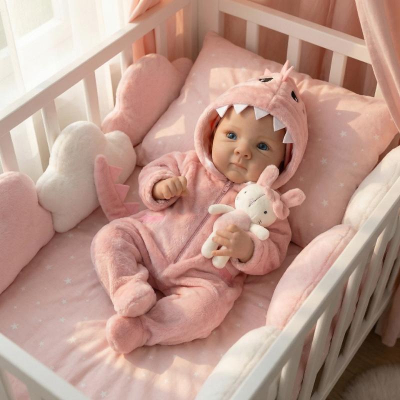 Cure 18 Inch Cloth Body Reborn Dolls Bettie Full Vinyl Body Newborn Babies Doll Wear Pink Dinosaur Romper Vivid Rebirth Dolls for Children's Day Gifts