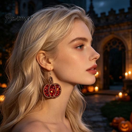 Gift for Her 1 Pair Fall Thanksgiving Pumpkin Earrings Women, Wooden Halloween Dangle Shaped Drop Earrings, Autumn Jewelry Lightweight Wood