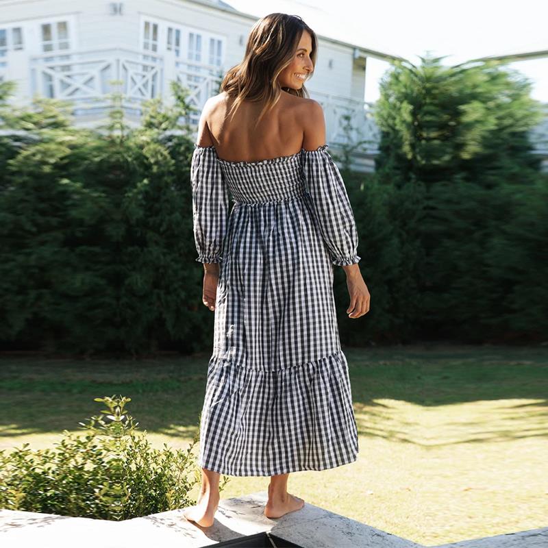 Frauen Sommer Schwarz Weiß Plaid Langes Kleid Sexy Puff Hülse Eine Linie Kragen Stapless Hohe Taille S-XL