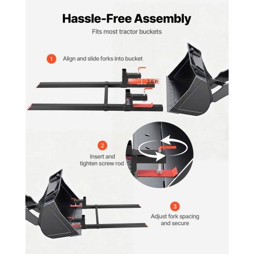 VEVOR Pallet Forks, 907 Kg Clamp On Pallet Forks, 149 Cm Total Length Heavy-Duty Tractor Fork with Adjustable Stabilizer Bar for Tractor Attachments