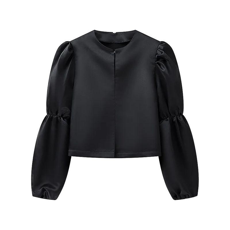 

Spring New Women s Clothing French Style Design Simple Casual All-Match round Neck Puff Sleeves Short Shirt Tops Black L