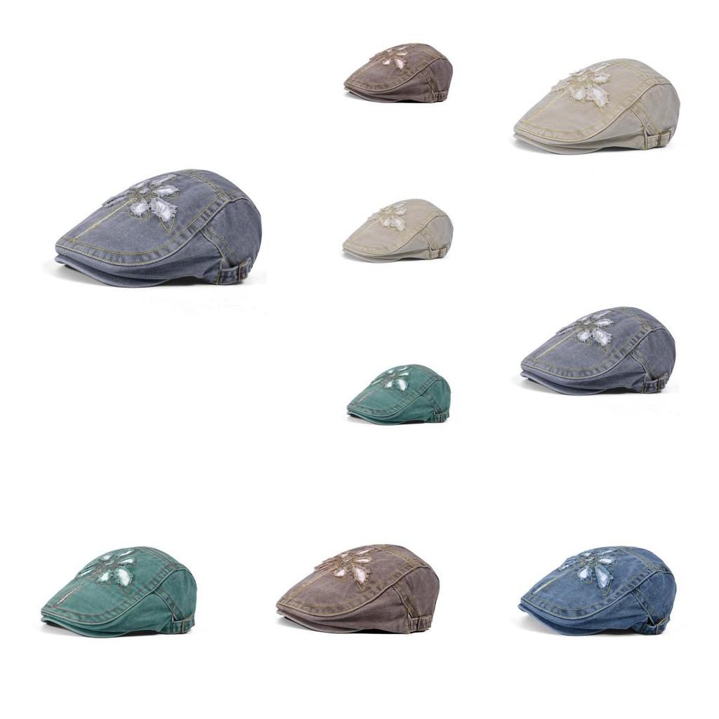 British Vintage Denim Beret With Floral Embellishments For Spring And Summer Fashion