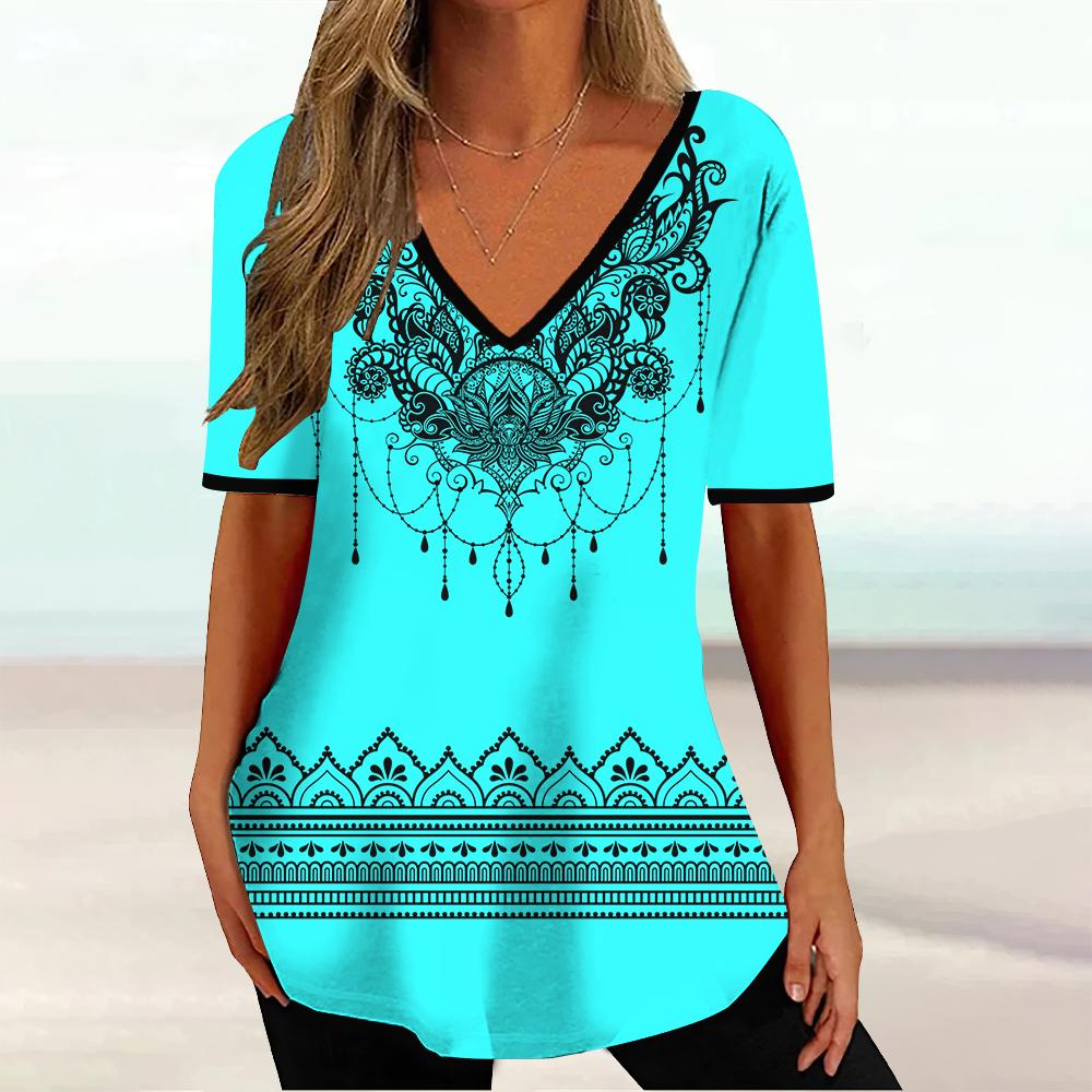 Summer V-neck 3D Geometric Striped Printed Top Fashionable Casual Short Sleeved Women's T-shirts