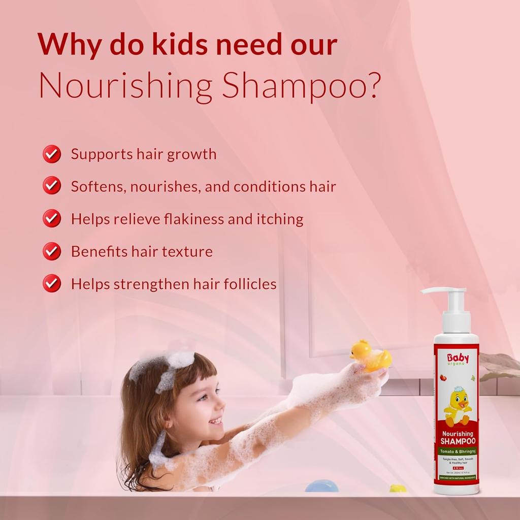BabyOrgano® Ayurvedisches Bhringraj, Tomaten Tränenfreies Babyshampoo Für Neugeborene Und Kinder Fördert Gesundes Glänzendes 200Ml(0-15 Jahre)