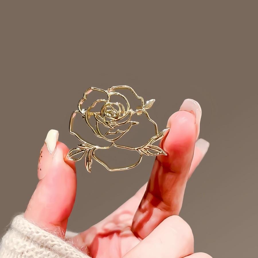 Exquisite Hohl geschnitzte Rose und Kamelie Brosche - Elegantes Metall-Anstecknadel-Accessoire für Damen