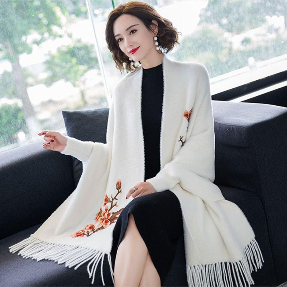 Tassel Embroidery Scarf Imitation Mink Fur Long Fringed Shawl  Wedding Party Evening Dresses