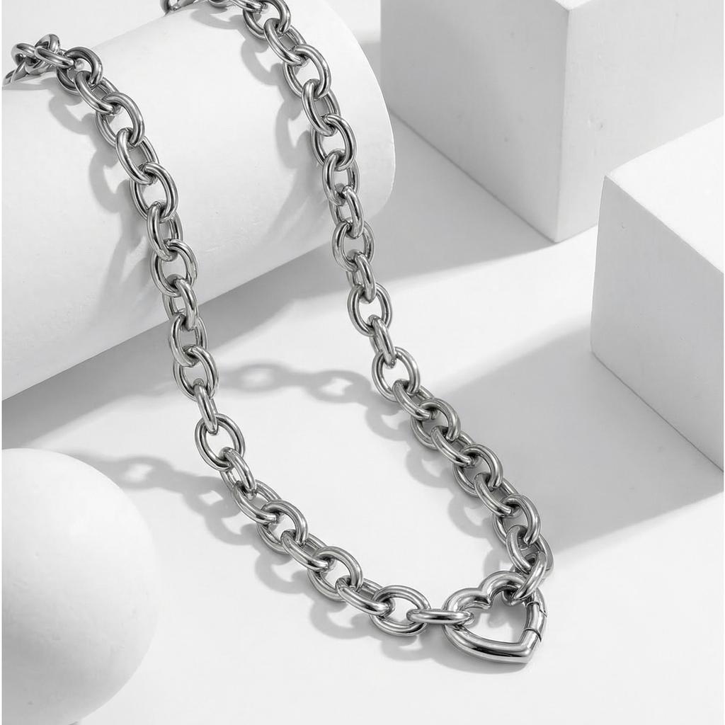Chunky Heart-Shaped Clasp Necklace for Women Stainless Steel Round Rolo Chain Necklaces High-Quality Jewelry Gift