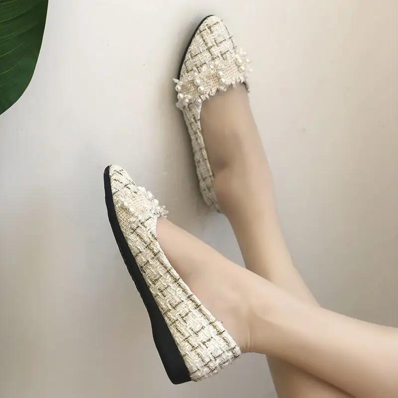 Fashion Women's Flat Shoes Pointed Toe Pearl With Heel Office 39 Luxury Brand Young Non Slip Discount Elegant Dress On Ladies Footwear
