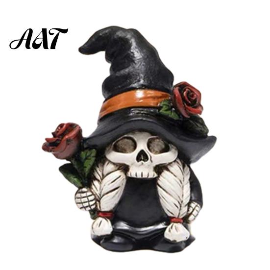 Skeleton Gnome Ornament Halloween Figurine, Gothic Witch Hat Dwarf Statue, Wizard Statue Holding Rose Sculpture for Party Decoration Vintage Figurine