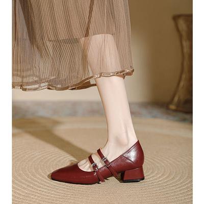 Maßgefertigte Mary Jane Schuhe eckige Spitze niedriger Absatz einzelne Schuhe Ein-Wort-Schnalle mit flachem Kopf Retro High Heels dicker Absatz