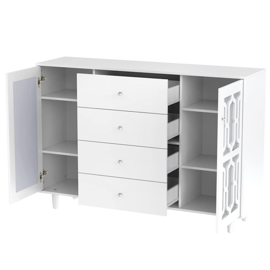 Mirrored Sideboard, Modern Chest of Drawers with 2 Doors & 4 Drawers, Cabinet with Crystal Handles, for Living Room, Dining Room & Bedroom