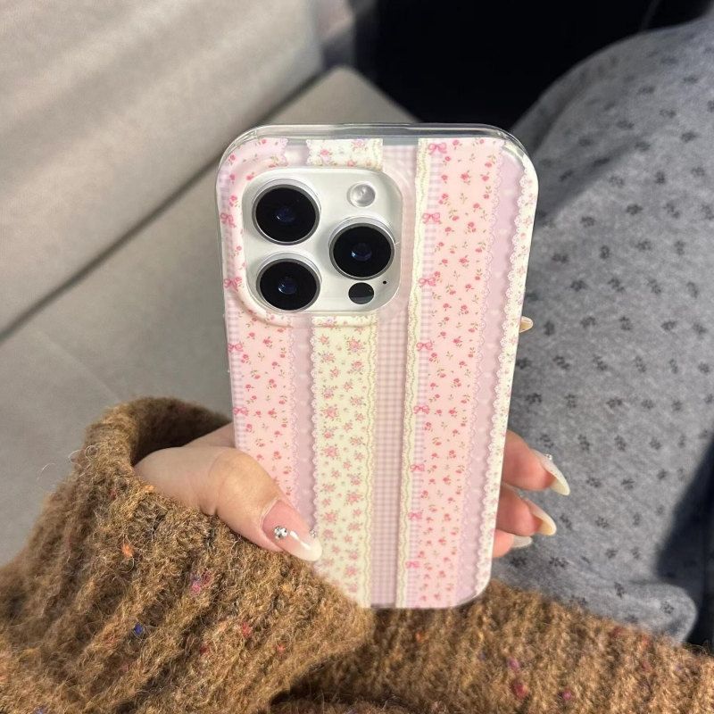 ins striped pink floral iPhone17promax mobile phone case for Apple 16promax white background imd15