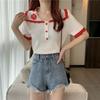 Summer French Academy Color Blocked Short Sleeve Polo Neck Ice Silk Knitted Shirt Short Top for Women