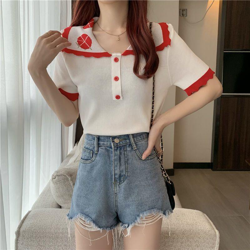 Summer French Academy Color Blocked Short Sleeve Polo Neck Ice Silk Knitted Shirt Short Top for Women