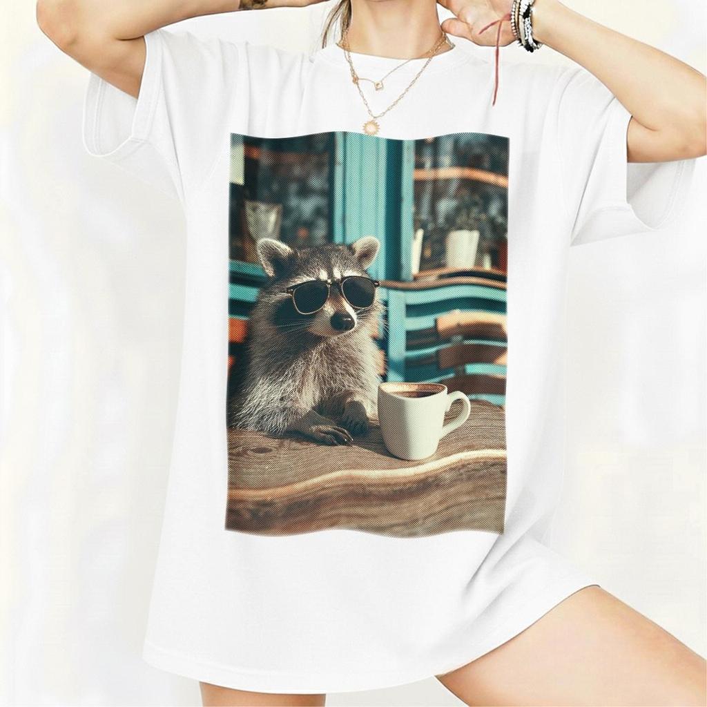 Summer Unisexs Vintage Raccoon Drinking Iced Coffee Tshirt Cotton And Breathable Short Sleeve Streetwear Oversized Loose Casual