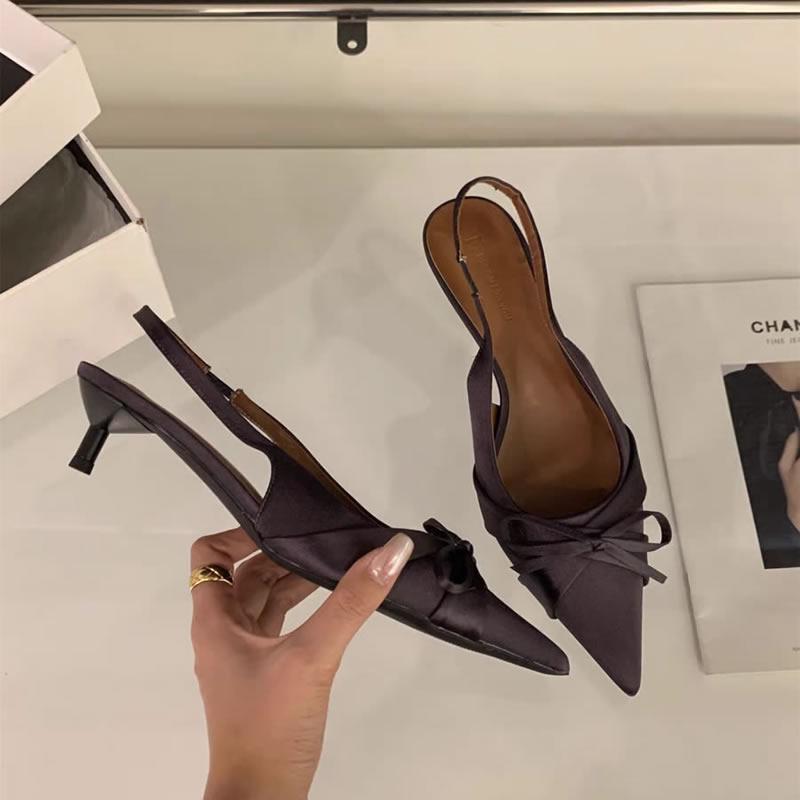 2025 Comfort Shoes for Women Sandals Stiletto Heels Bow Tie Summer New Female Purple Large Size New Low Heels Pointed Toe Shoes