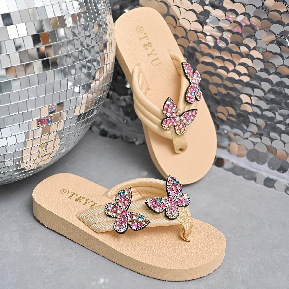 

Повседневные шлепанцы женские 2025 лето новые шлепанцы на платформе-маффине модные шлепанцы для пляжа со стразами в виде бабочек 42