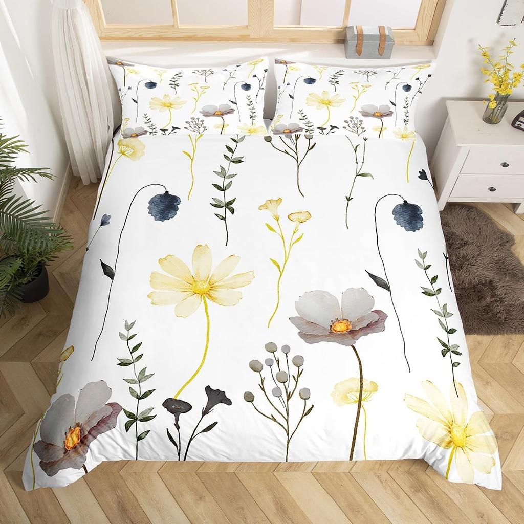 Watercolor Floral Down Duvet Cover Set Queen King Size Simple Pastoral Style Bedding Suitable for Kids Teens Adult Women 3 PCS