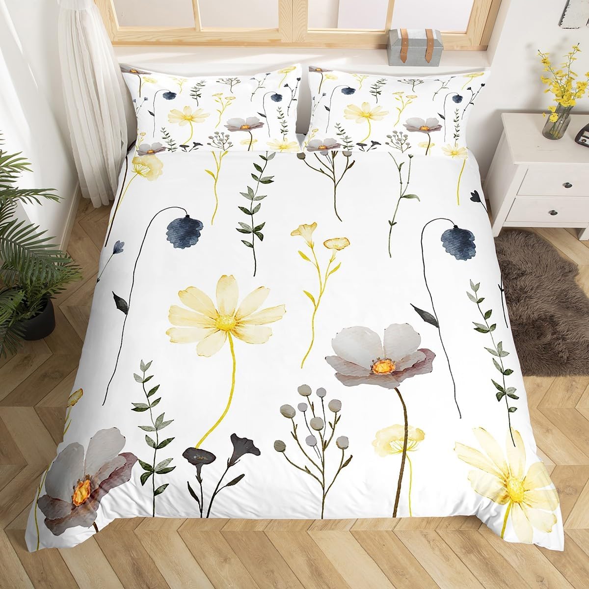 

Watercolor Floral Down Duvet Cover Set Queen King Size Simple Pastoral Style Bedding Suitable For Kids Teens Adult Women 3 Pcs EU Single(135x200cm)
