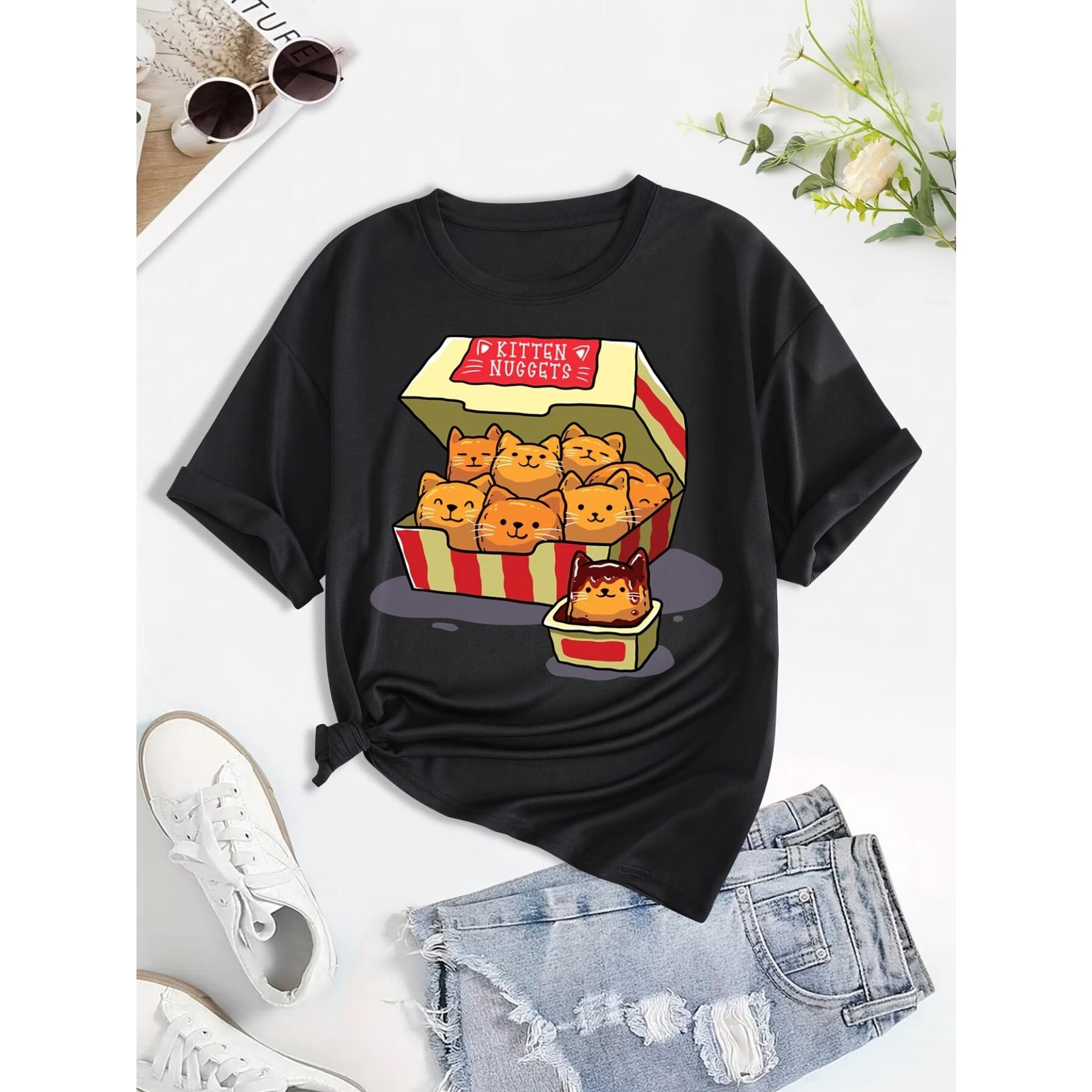 

Chicken Nuggets Print T-shirt, Short Sleeve Crew Neck Casual Top For Summer & Spring, Women s Clothing XXL
