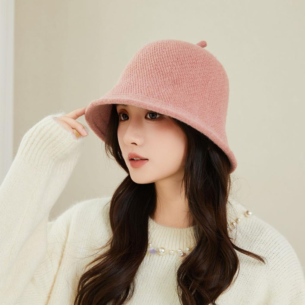 Fashion Bucket Hat Women'S Spring And Autumn Winter Solid Color Knitted Wool Bucket Hat Cover Face Tide Japanese