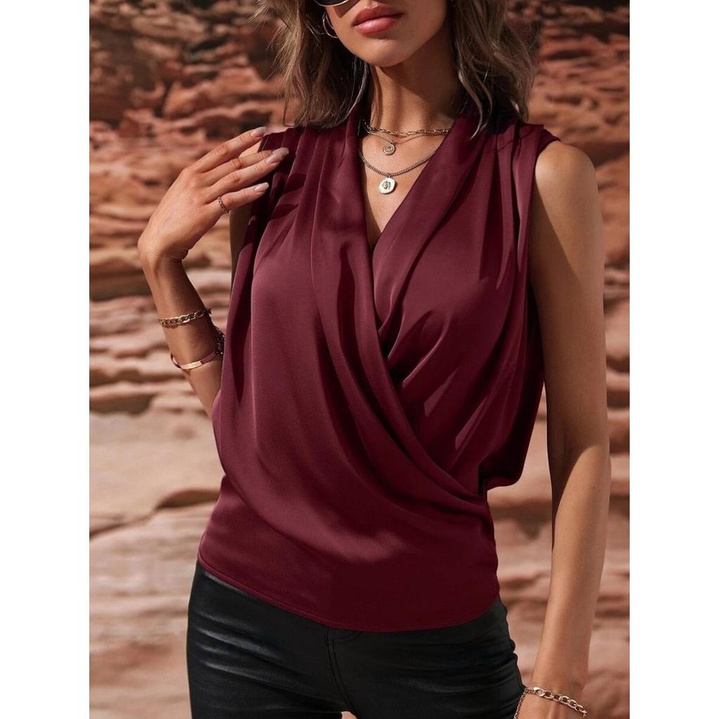 Women's Spring and Summer Sleeveless Satin Shirt Pleated Vest New Sexy Shirt