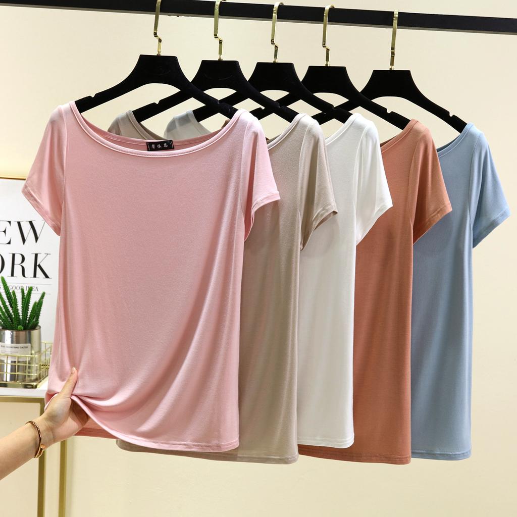 Dámské modální tričko s krátkým rukávem a odhalenými zády, lodičkovým výstřihem a odhalenými rameny, jednobarevné, volná základní vrstva, top pro větší velikosti, jednoduchá trička