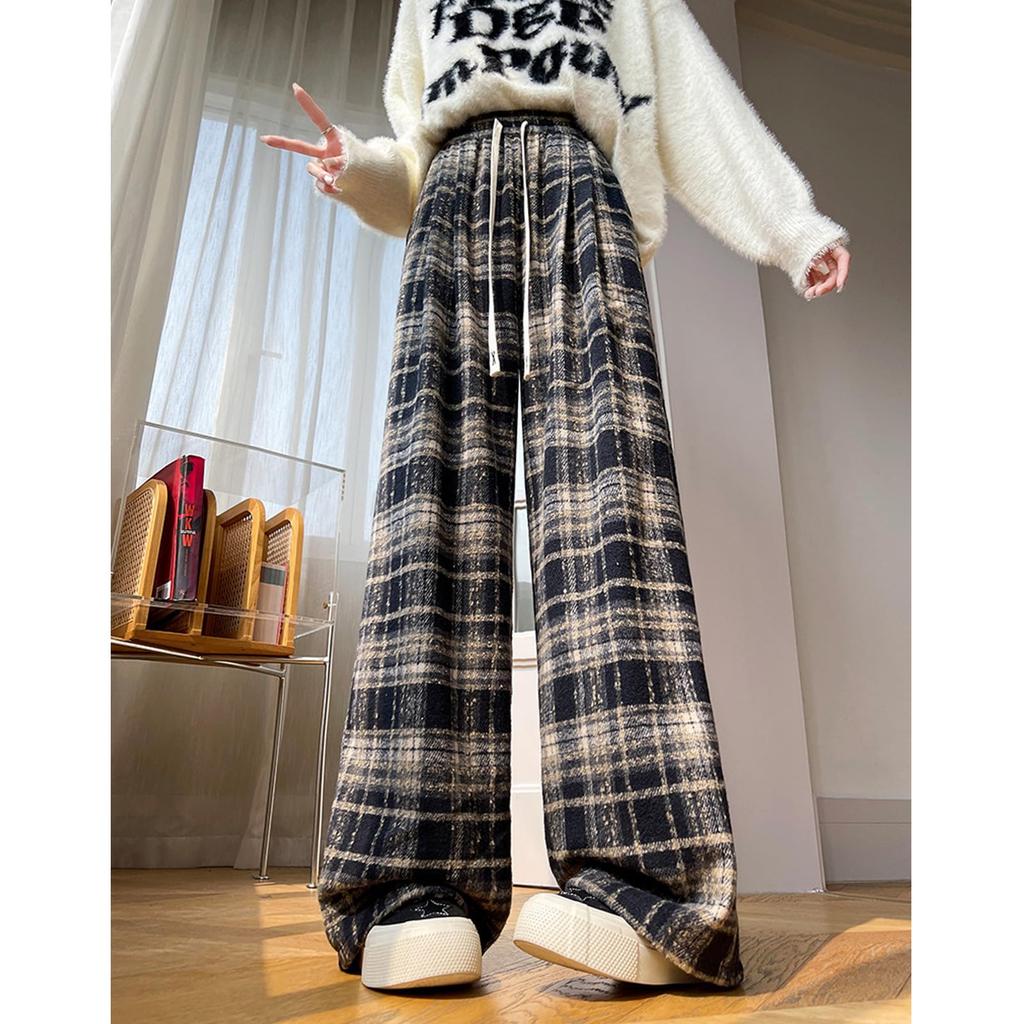 Volen Check Checked Pants for with and Stylish Women's Pants, Wide-Length Lace-Up Fall/Winter, High-Waisted, Pockets, Flattering, Slimming, Versatile,
