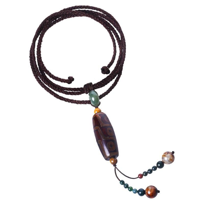GEMCHIC Women's Vintage Ethnic Style Long Sweater Necklace with Handmade Braided Rope, Dzi Bead and Agate Pendant Bohemian Jewelry