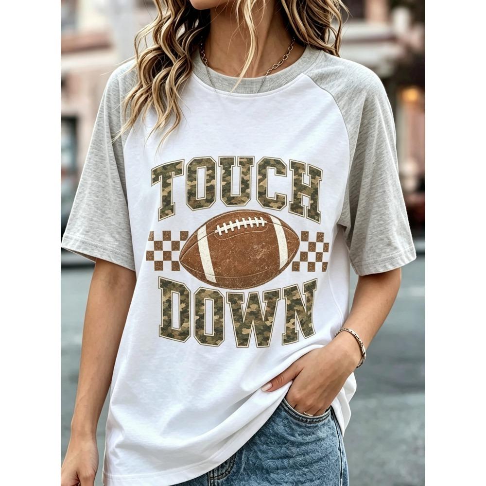 Camouflage letter football pattern shoulder T-shirt, women's printed color blocked short sleeved casual top