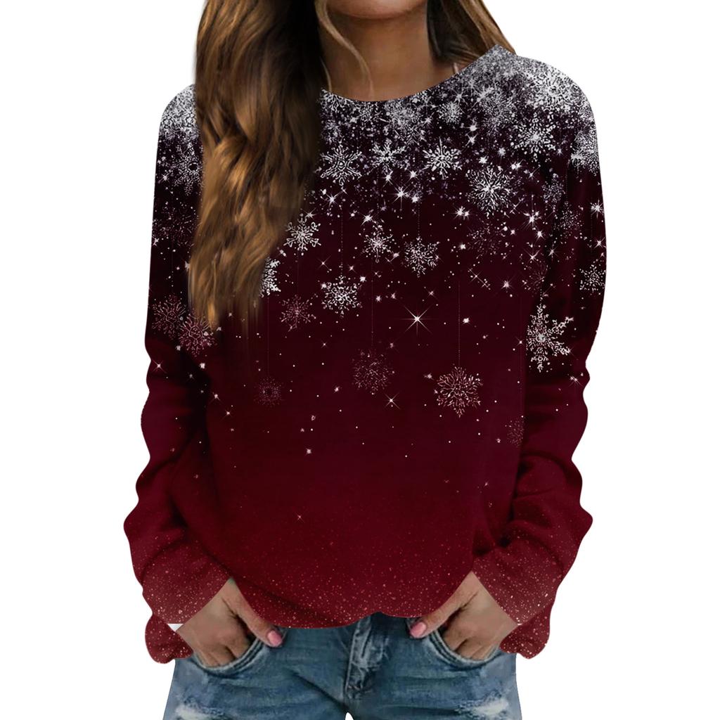 Damen Modisches Lässiges Langarm Retro Weihnachts Schneemann Print Rundhals Oberteil