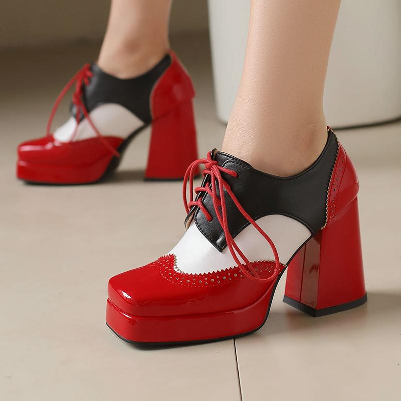 Fashion Red British Women Mixed Color Derbies Women High Thick Heels Pink Silver Oxfords Party Shoes Lace-up Square Toe Platform Brogues
