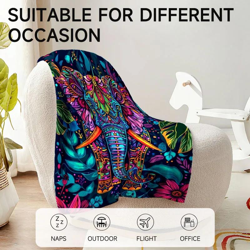 1 Stück bunte Elefantenmuster Flanelldecke, weich, geeignet für Sofa, Bett, Büro, Ganzjahresgebrauch.