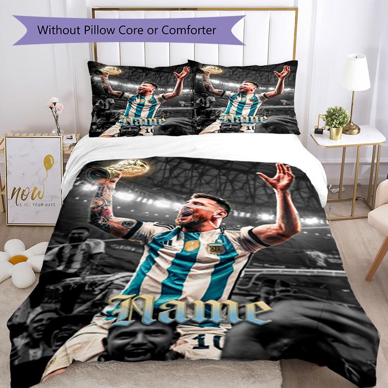 Messi World Cup Champion Personalized Name Bedding Set,Smooth Bed Linen for Bedroom Decor,Perfect Souvenir Gift for Soccer Lovers,Microfiber Duvet Cov