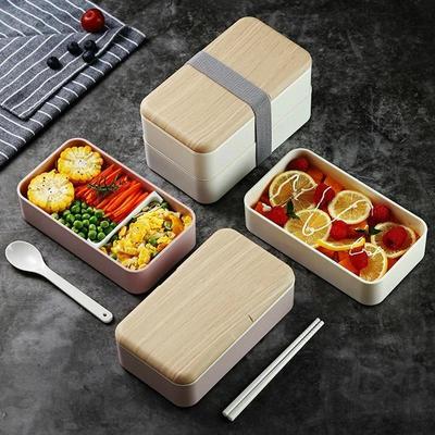 Mikrodalga Çift Katlı Beslenme Kutusu Ahşap Salata Bento Kutusu Taşınabilir Yemek Saklama Kabı