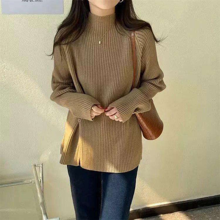 Women Sweater Autumn Plus Size Sweater Half High Collar Knitted Bottoming Shirt Loose Open Button Solid Color Top Pullover Sweater Female