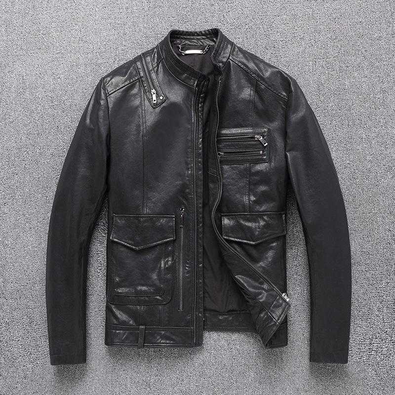 

Новая осенняя куртка из натуральной кожи для мужчин, короткая, в корейском стиле, приталенная, из овчины растительного дубления, мотоциклетная кожаная куртка XXXXL чёрный