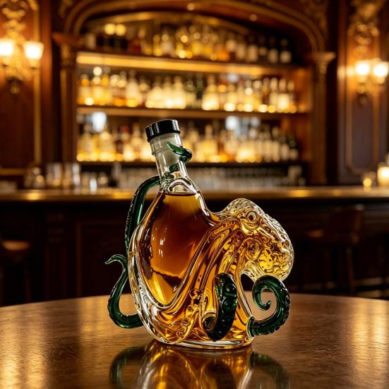 Yousheng Octopus Shaped Whiskey Decanter, 3D Blown Glass Wine Bottle with Stopper, 400ml Handmade Lead-Free Barware, Creative Bar Decor Gift for