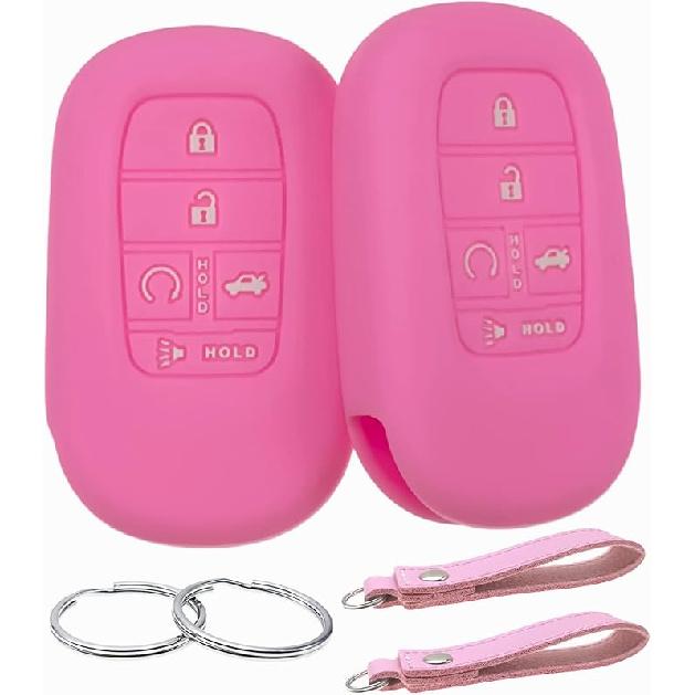 Silicone Rubber Key Fob Cover Compatible with (5 Buttons) -2025 Honda Accord Civic HR-V CR-V Pilot Sport SI EX EX-L Touring (Black Pink)