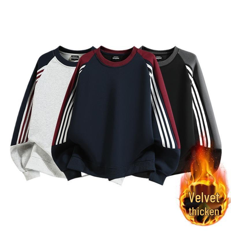 2025 Unisex Fleece-Lined Sweatshirt Set: High Street Three Stripes, Round Neck, Autumn/Winter Warmth