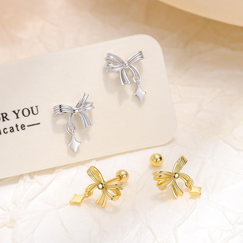 S925 Sterling Silver Bow Star Tassel Screw Earrings for Women Simple Fashion Light Luxury Sweet Temperament Jewelry Accessory