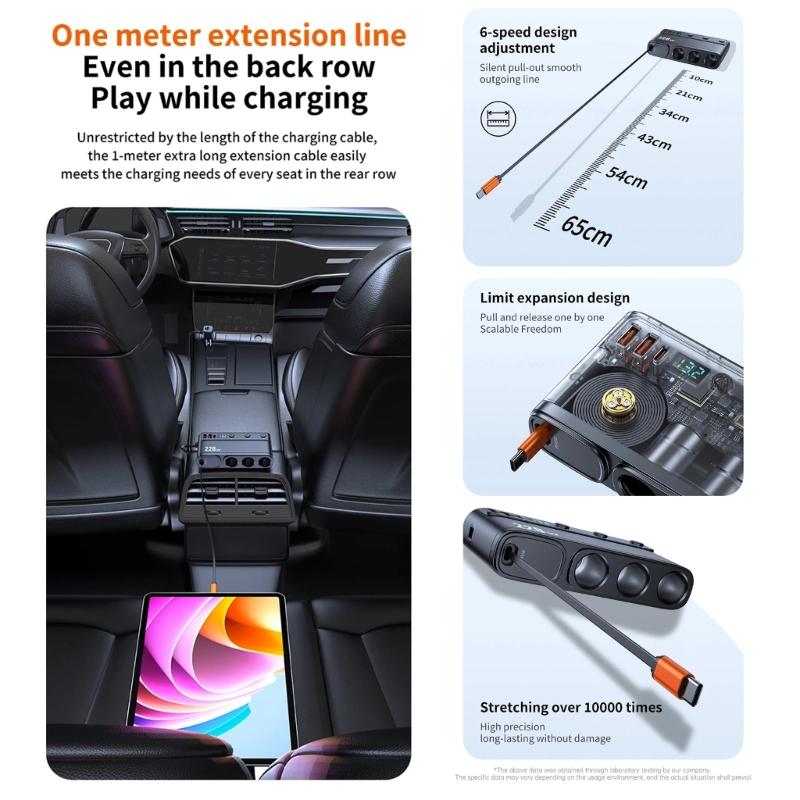 Car Chargers Splitter for Simultaneous Charging 228W Output QC3.0 PD45W with Telescoping USB C Cable LED Battery Monitor