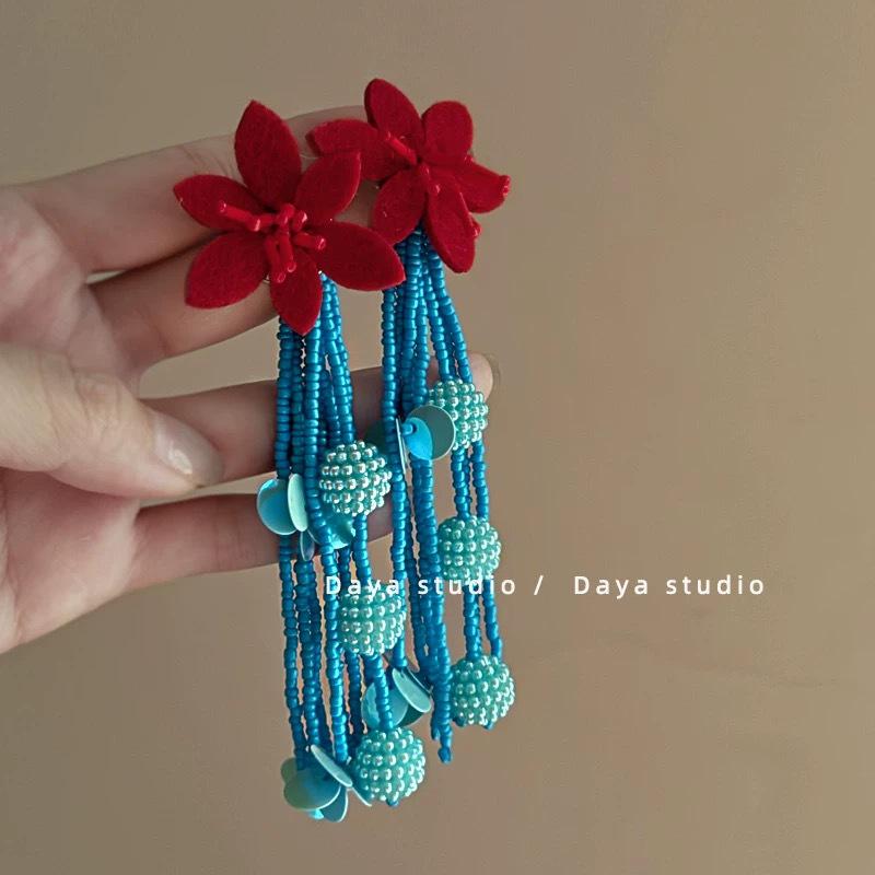Colorful Dopamine Fabric Beaded Earrings – Women's Studs, Seaside Vacation Style, Ear Clips