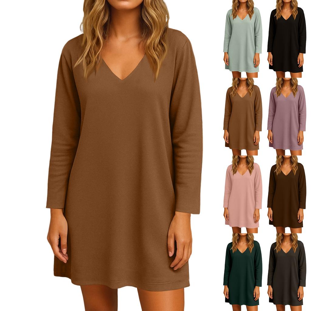 Women's Loose V-neck Mid Length Long Sleeved Home Skirt