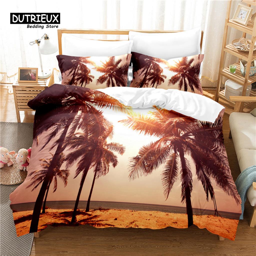 Beautiful Coconut Tree Bedding Set, 3Pcs Duvet Cover Set, Soft Comfortable Breathable Duvet Cover, For Bedroom Guest Room Decor